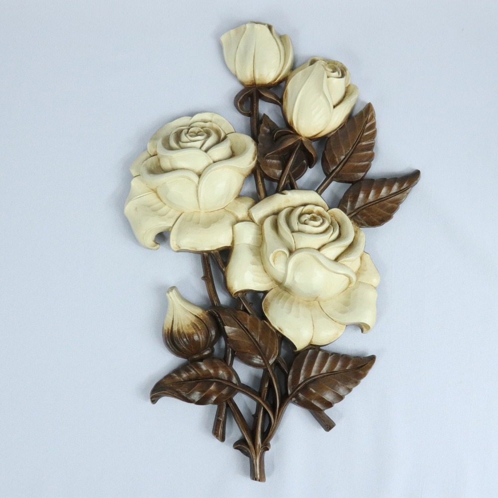 Vintage Syroco 3D Cream & Brown Mid Century Modern Rose Wall Plaque Decor